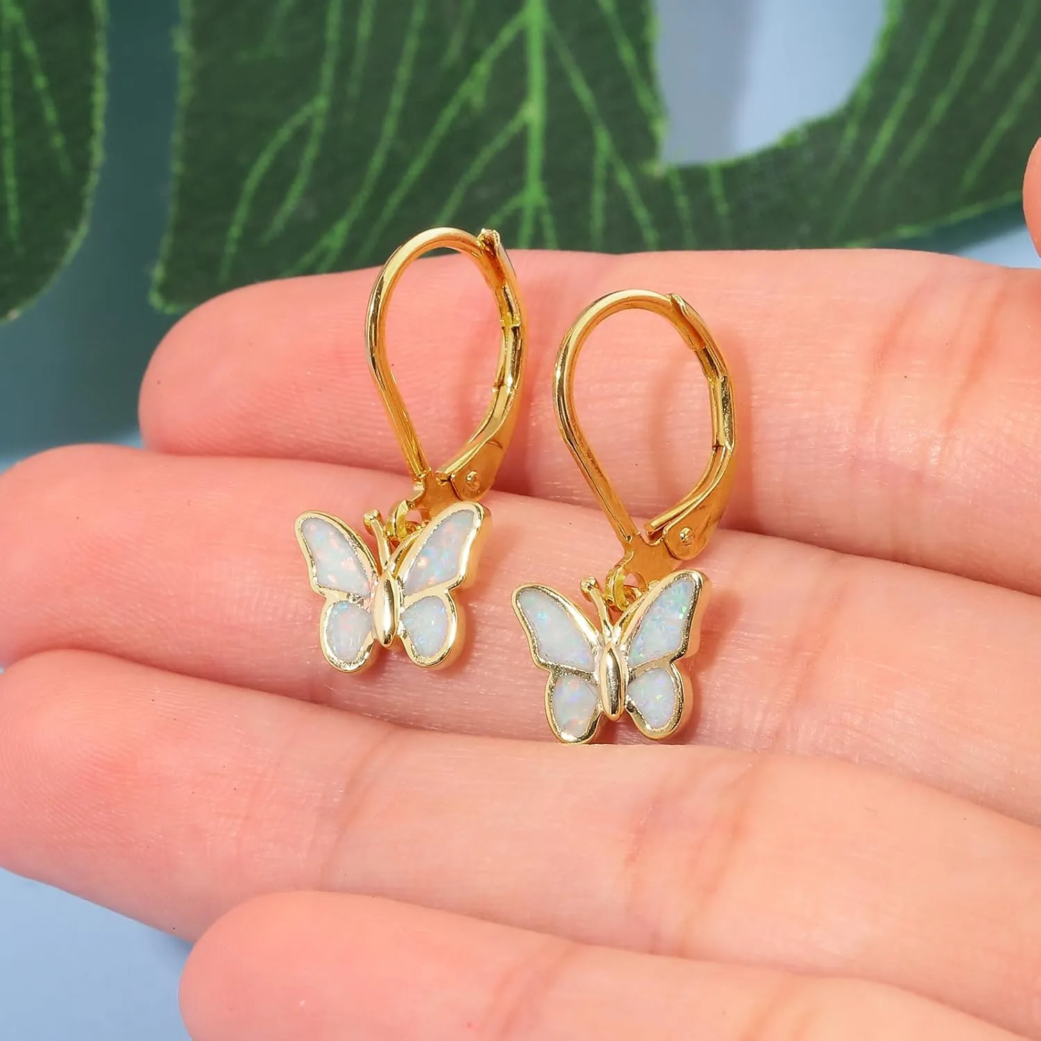 Dainty Leverback Opal Hoop Earrings 14K Gold Plated Butterfly Dangle Earrings Cute Huggie Hoops Jewelry Christmas Gifts