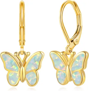 Dainty Leverback Opal Hoop Earrings 14K Gold Plated Butterfly Dangle Earrings Cute Huggie Hoops Jewelry Christmas Gifts