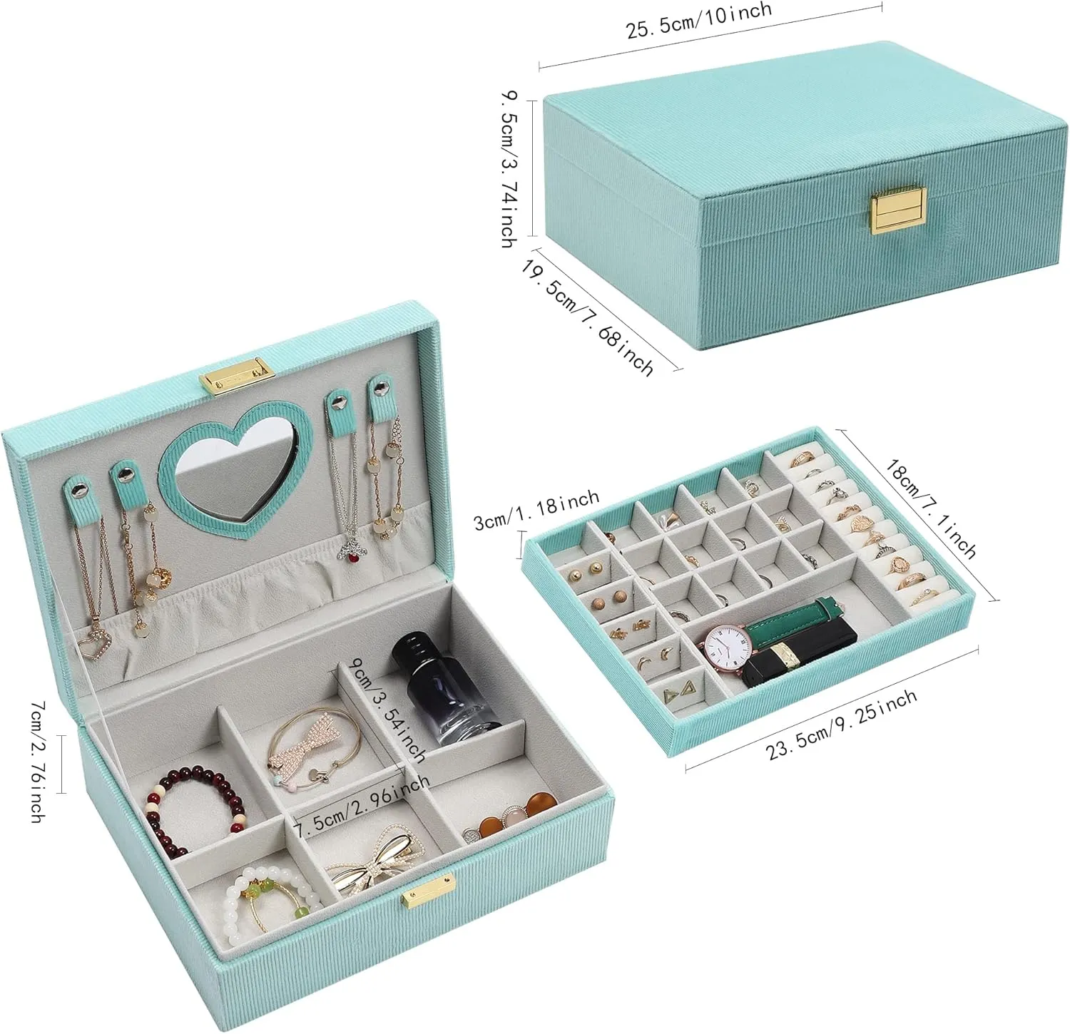 Dajasan Jewelry Boxes for Women Girls, Jewelry Organizer Box, 2-Layer Large Velvet Jewelry Box for Rings Necklaces Bracelets Watch Earring (Green)