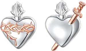 DAOCHONG Sterling Silver Sacred Heart & Immaculate Heart of Mary Mismatched Earring Studs - Christian Jewelry for Women & Men - Easter Gift