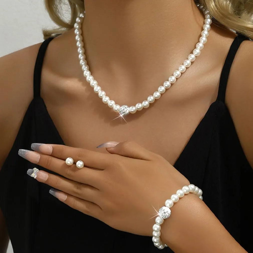 Dcfywl731 Pearl Jewelry Set for Women Pearls Necklace and Earring Set Chunky Pearl Necklaces for Women Prom Jewelry Big Pearls Charm Choker Wedding Jewelry Sets for Brides