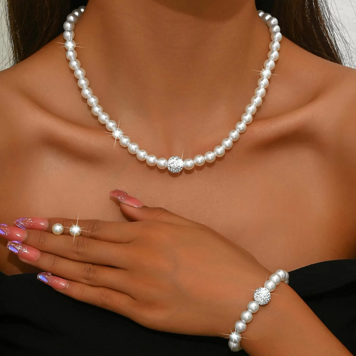 Dcfywl731 Pearl Jewelry Set for Women Pearls Necklace and Earring Set Chunky Pearl Necklaces for Women Prom Jewelry Big Pearls Charm Choker Wedding Jewelry Sets for Brides
