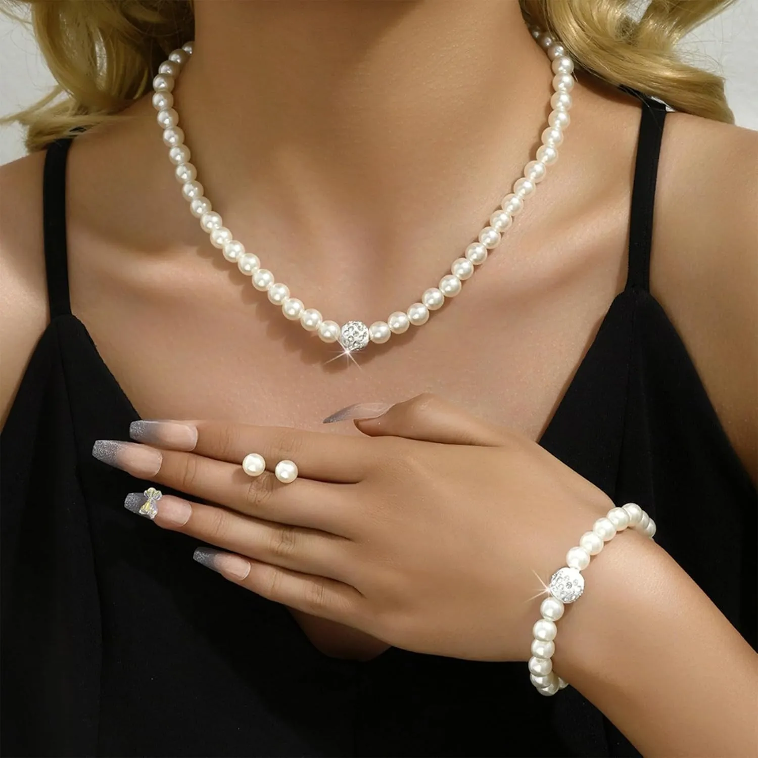 Dcfywl731 Pearl Jewelry Set for Women Pearls Necklace and Earring Set Chunky Pearl Necklaces for Women Prom Jewelry Big Pearls Charm Choker Wedding Jewelry Sets for Brides