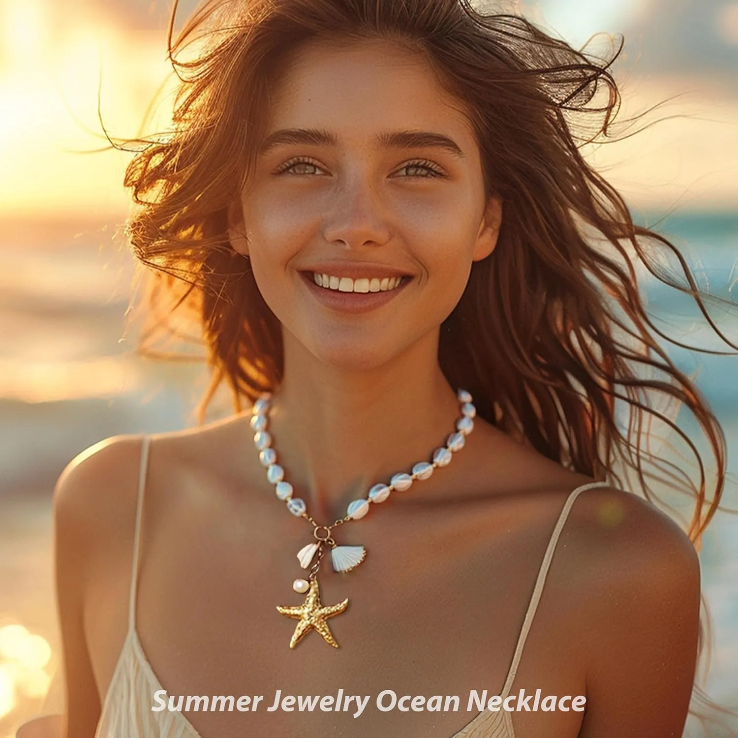 Dcfywl731 Shell Necklace for Women Summer Starfish Necklace Boho Surfer Jewelry Beach Vacation Essentials White Seashell Flower Charm Necklaces Summer Outfits for Women
