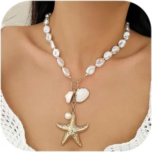 Dcfywl731 Shell Necklace for Women Summer Starfish Necklace Boho Surfer Jewelry Beach Vacation Essentials White Seashell Flower Charm Necklaces Summer Outfits for Women