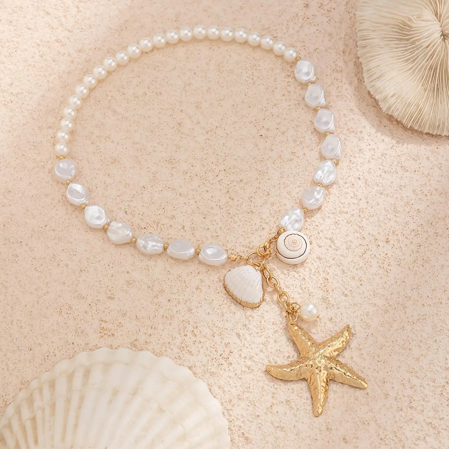 Dcfywl731 Shell Necklace for Women Summer Starfish Necklace Boho Surfer Jewelry Beach Vacation Essentials White Seashell Flower Charm Necklaces Summer Outfits for Women