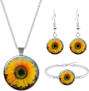 Dcfywl731 Sunflower Necklaces Earrings Bracelet Set,Sunflower Pendant Necklace Set for Women Sunflower Pearl Resin Boho Long Drop Handmade Pendant Necklace