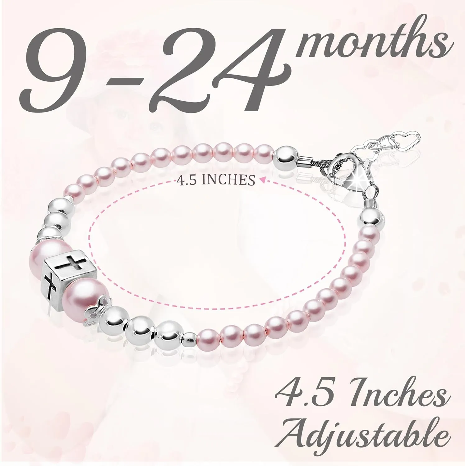 Delicate Baptism Pearl Bracelet for Girls, Sterling Silver Cross Charm Baptism Gifts for Girl Embellished with High-end Pink Simulated European Pearls, Girls Jewelry