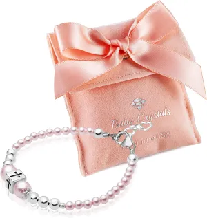 Delicate Baptism Pearl Bracelet for Girls, Sterling Silver Cross Charm Baptism Gifts for Girl Embellished with High-end Pink Simulated European Pearls, Girls Jewelry