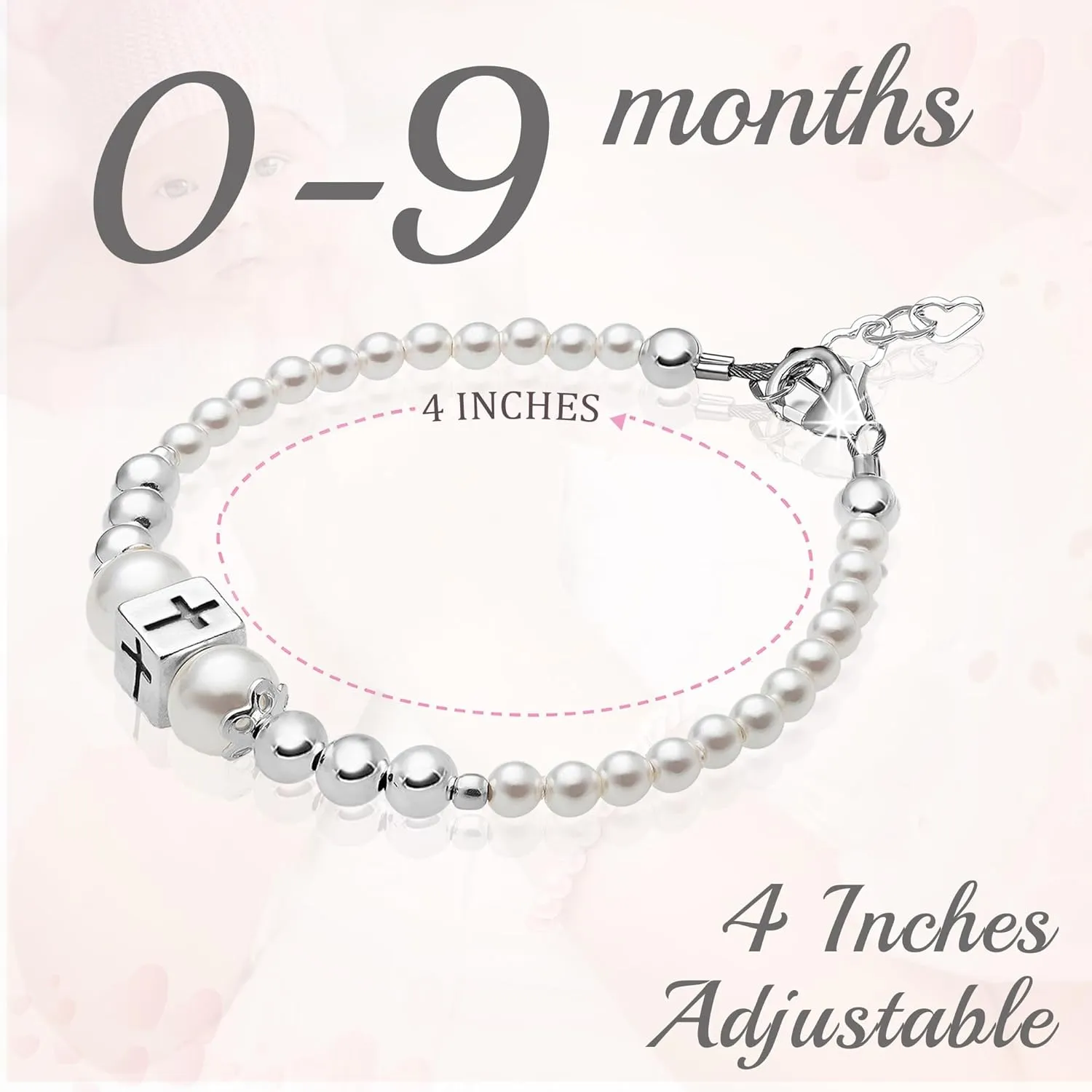 Delicate Baptism Pearl Bracelet for Girls, Sterling Silver Cross Charm Baptism Gifts for Girl Embellished with High-end white Simulated European Pearls, Girls Jewelry
