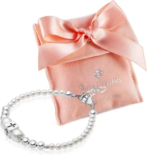 Delicate Baptism Pearl Bracelet for Girls, Sterling Silver Cross Charm Baptism Gifts for Girl Embellished with High-end white Simulated European Pearls, Girls Jewelry