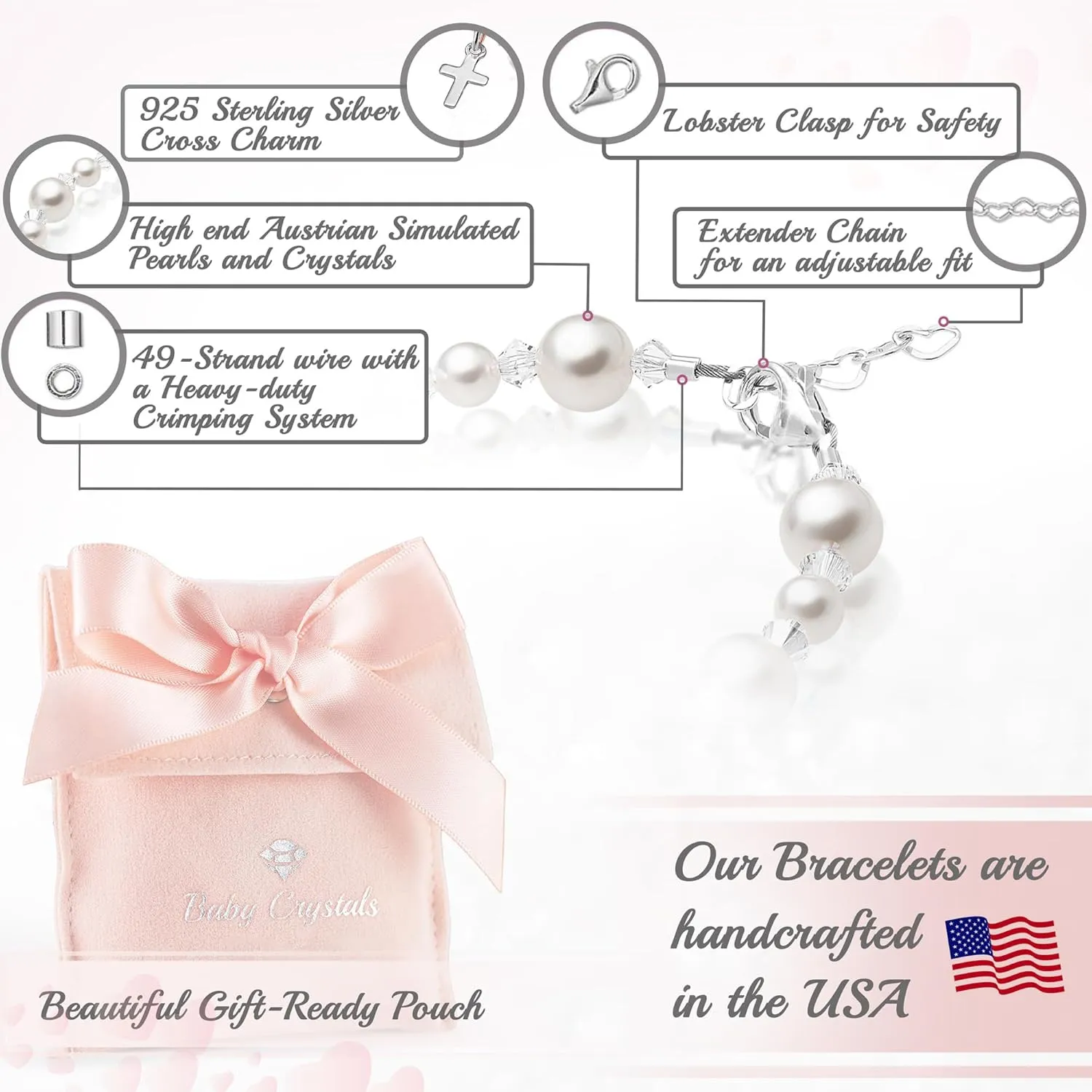 Delicate Baptism Pearl Bracelet for Girls, Sterling Silver Cross Charm Baptism Gifts for Girl Embellished with High-end white Simulated European Pearls, Girls Jewelry