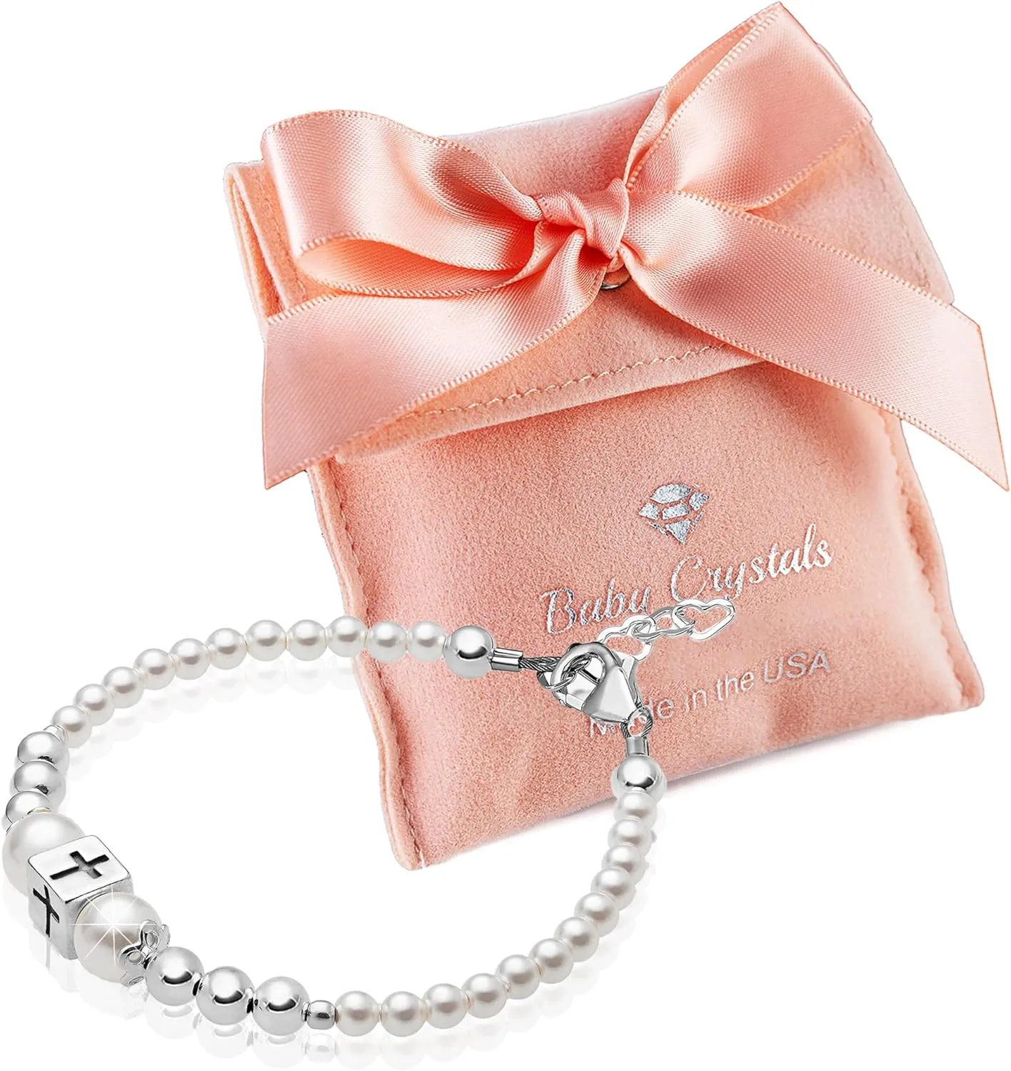 Delicate Baptism Pearl Bracelet for Girls, Sterling Silver Cross Charm Baptism Gifts for Girl Embellished with High-end white Simulated European Pearls, Girls Jewelry