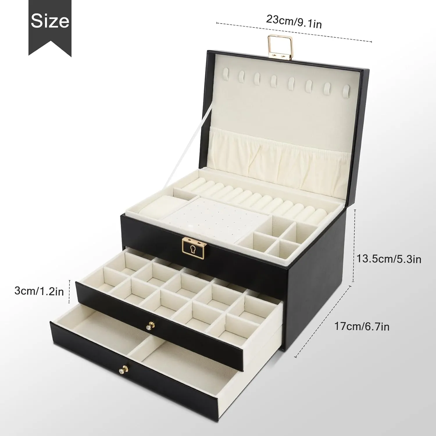 DesignSter Jewelry Box,Jewelry Organizer with 2 Drawers, 3 Layers Leather Jewelry Storage Box with Lock, Jewelry Storage Case for Necklaces Earrings Bracelets and RingsBlack