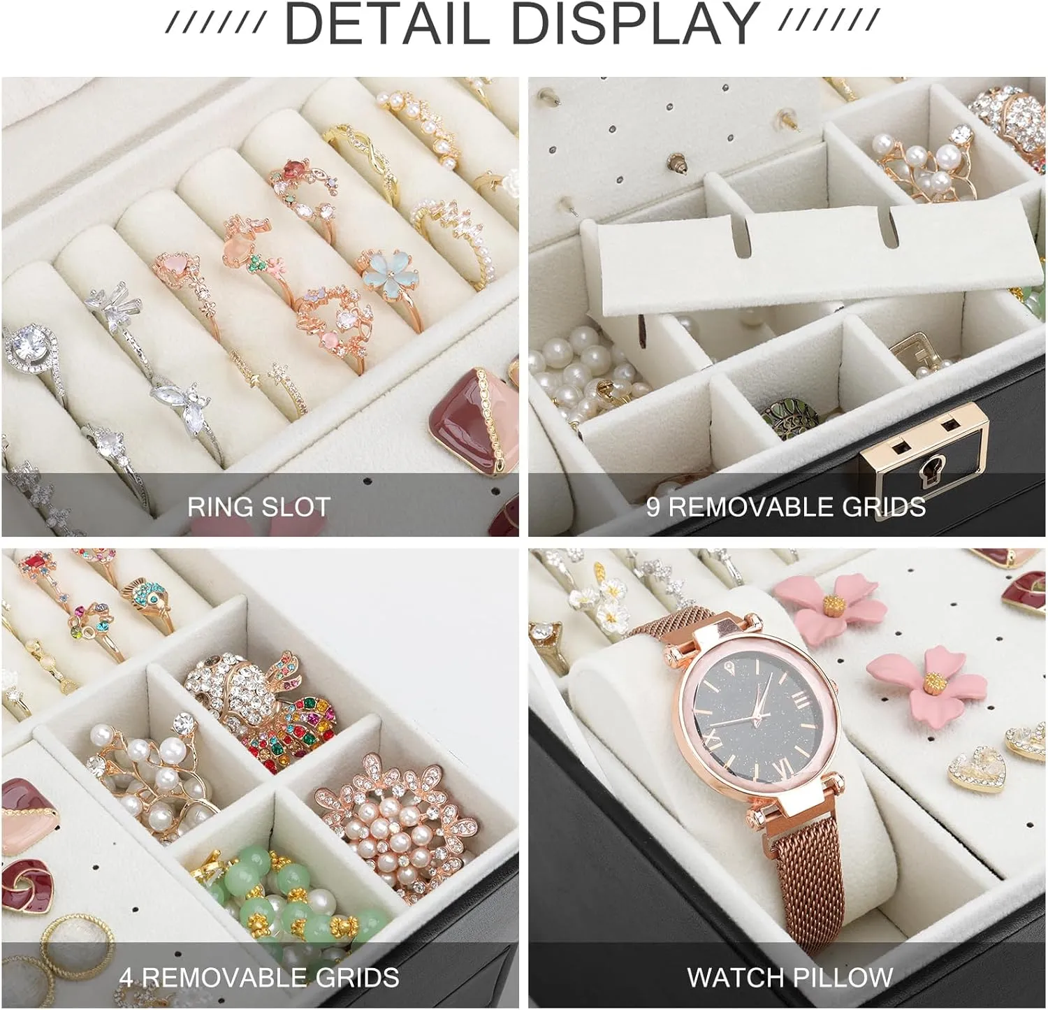 DesignSter Jewelry Box,Jewelry Organizer with 2 Drawers, 3 Layers Leather Jewelry Storage Box with Lock, Jewelry Storage Case for Necklaces Earrings Bracelets and RingsBlack