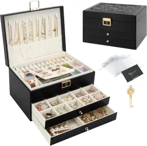 DesignSter Jewelry Box,Jewelry Organizer with 2 Drawers, 3 Layers Leather Jewelry Storage Box with Lock, Jewelry Storage Case for Necklaces Earrings Bracelets and RingsBlack