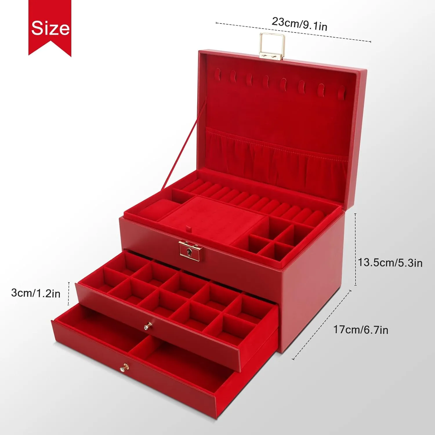 DesignSter Jewelry Box,Jewelry Organizer with 2 Drawers, 3 Layers Leather Jewelry Storage Box with Lock, Jewelry Storage Case for Necklaces Earrings Bracelets and RingsRed