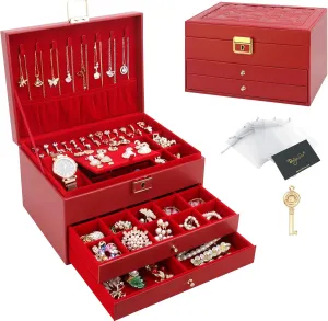 DesignSter Jewelry Box,Jewelry Organizer with 2 Drawers, 3 Layers Leather Jewelry Storage Box with Lock, Jewelry Storage Case for Necklaces Earrings Bracelets and RingsRed