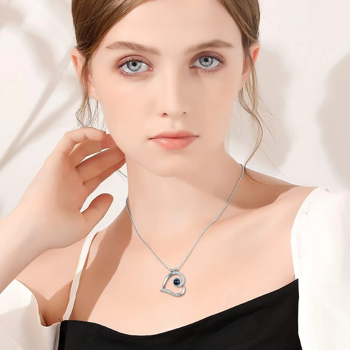 Diamond Projection Necklace Custom Photo/Name 925 Sterling Silver Heart Pendant Necklace I Love You 100 Languages Necklaces for Women