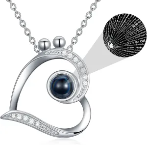 Diamond Projection Necklace Custom Photo/Name 925 Sterling Silver Heart Pendant Necklace I Love You 100 Languages Necklaces for Women