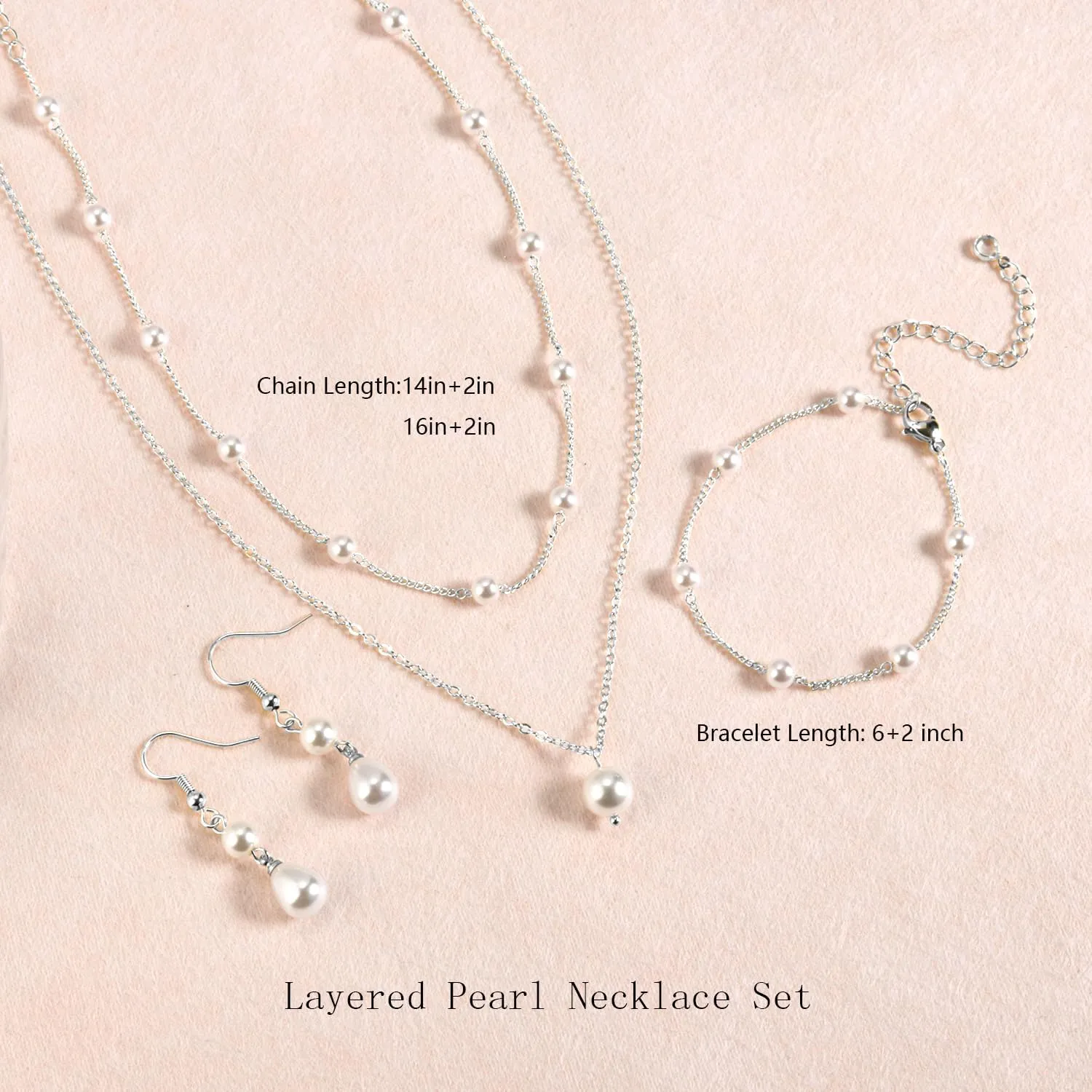 DIBOLA Gold Jewelry Set for Women, Dainty Layered 14K Gold/Silver Pearl Choker Necklaces and Earring Set Pearl Earrings Bracelets Wedding Bride Jewelry