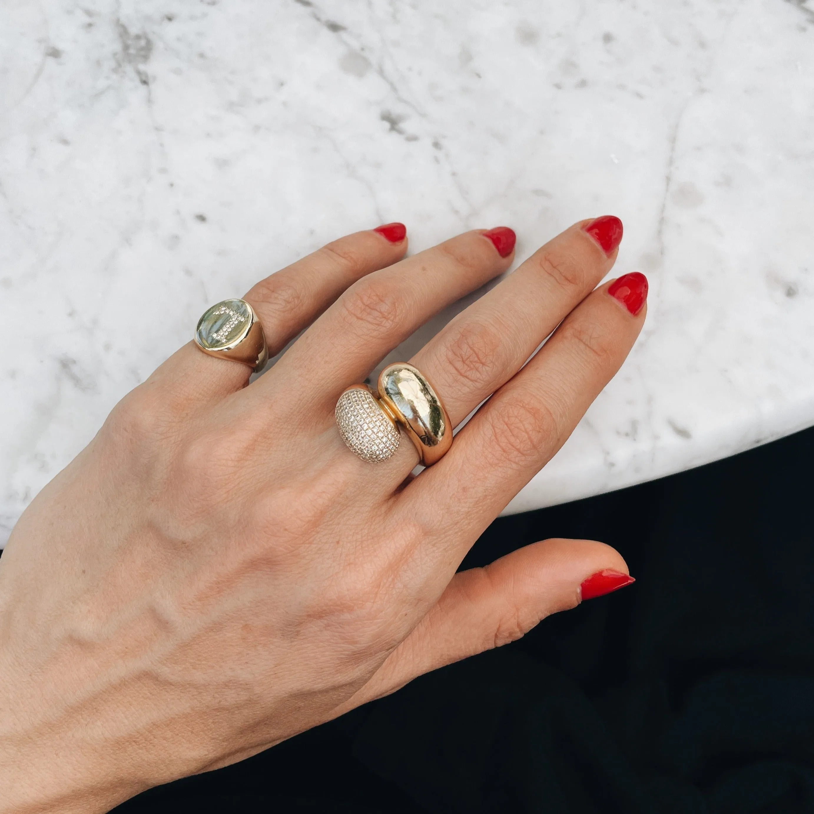 Double Apse Ring with One Side White Pavé Diamonds