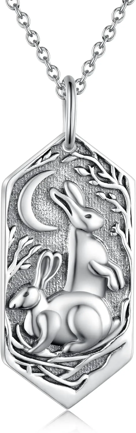 Double Rabbit Necklace for Women 925 Sterling Silver Hares Moon Pendant Necklaces Vintage Bunny Animal Jewelry Gift for Women