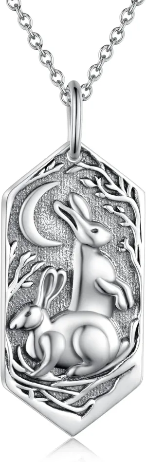 Double Rabbit Necklace for Women 925 Sterling Silver Hares Moon Pendant Necklaces Vintage Bunny Animal Jewelry Gift for Women