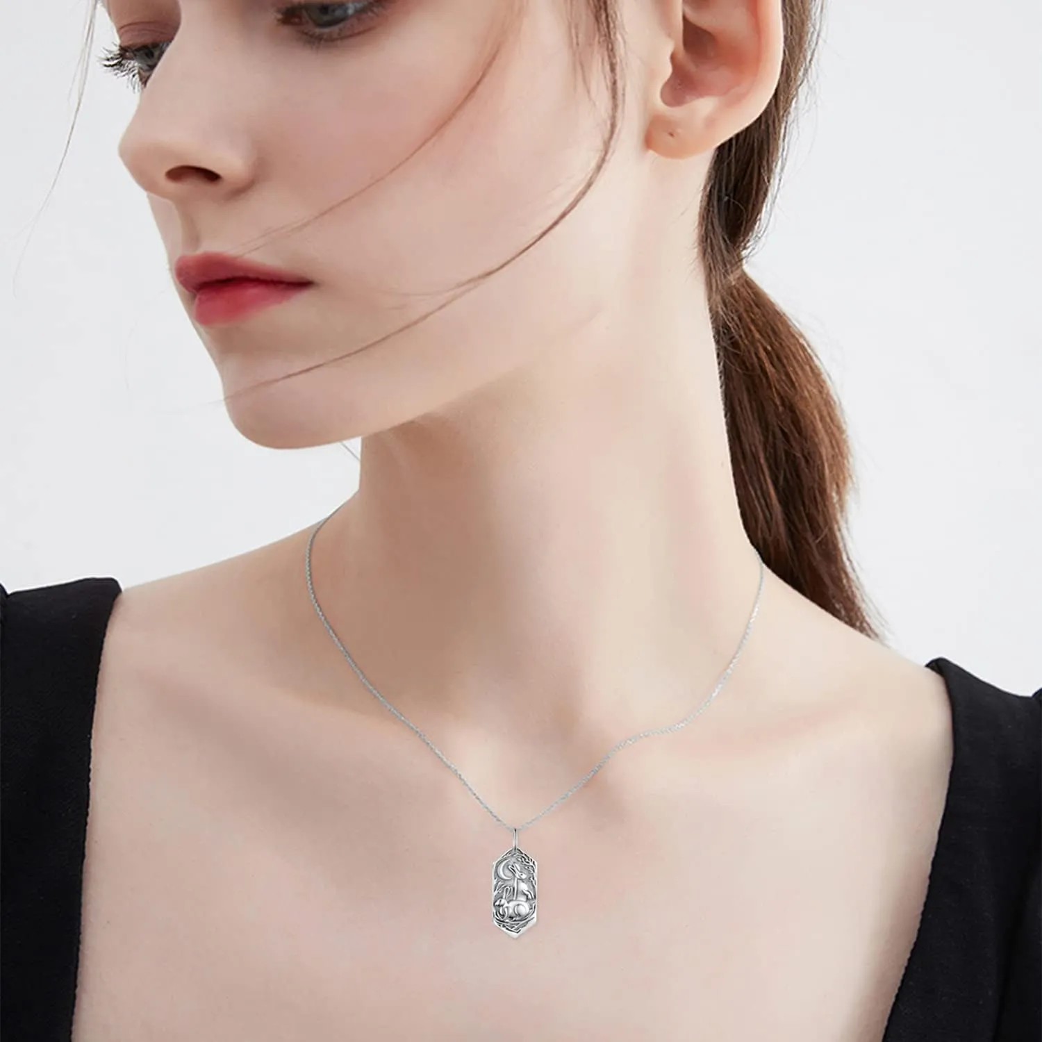 Double Rabbit Necklace for Women 925 Sterling Silver Hares Moon Pendant Necklaces Vintage Bunny Animal Jewelry Gift for Women