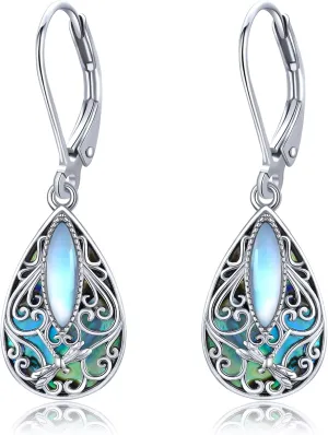 Dragonfly Filigree Earrings Sterling Silver Teardrop Abalone Shell Drop Dangle Earrings Filigree Leverback Earrings Jewelry