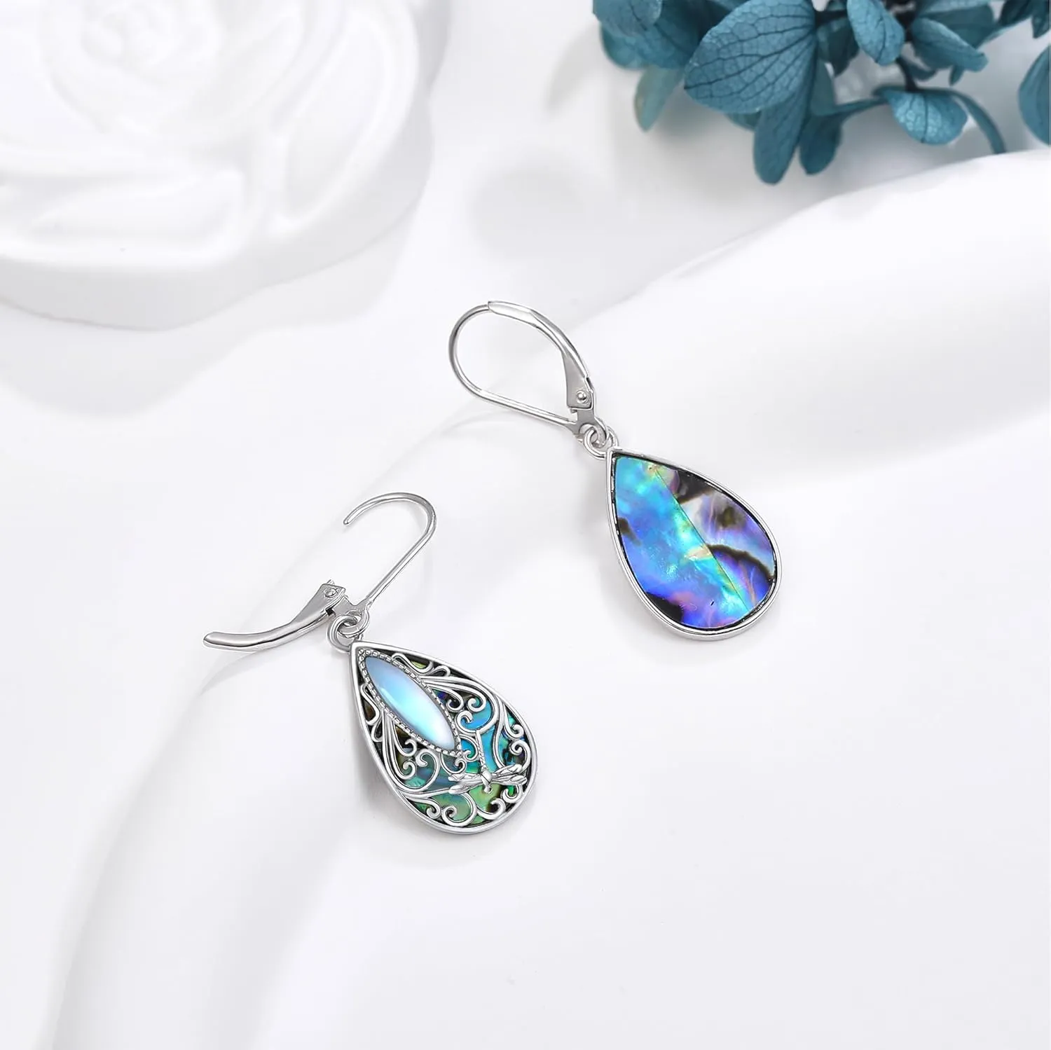 Dragonfly Filigree Earrings Sterling Silver Teardrop Abalone Shell Drop Dangle Earrings Filigree Leverback Earrings Jewelry