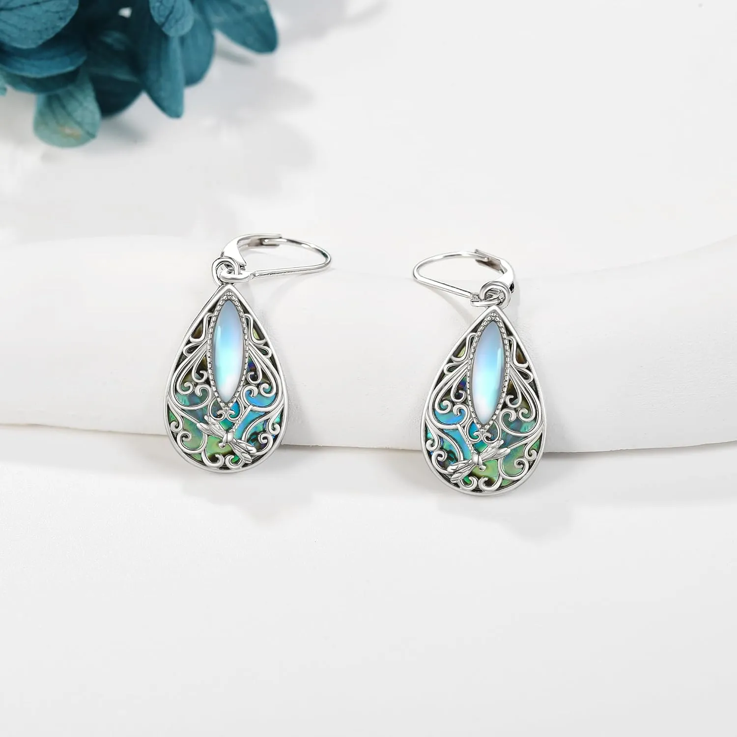 Dragonfly Filigree Earrings Sterling Silver Teardrop Abalone Shell Drop Dangle Earrings Filigree Leverback Earrings Jewelry