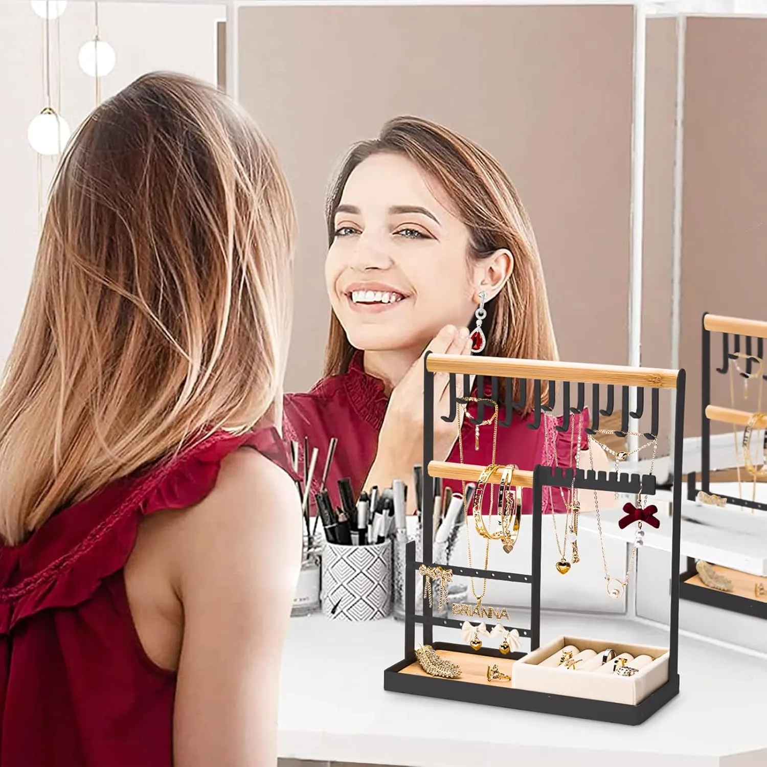 DreamGenius Jewelry Organizer Stand with Velvet Ring Holder, 4 Tier Jewelry Holder Organizer with 15 Hooks for Necklaces and 16 Holes for Earrings, Black