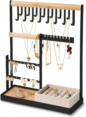 DreamGenius Jewelry Organizer Stand with Velvet Ring Holder, 4 Tier Jewelry Holder Organizer with 15 Hooks for Necklaces and 16 Holes for Earrings, Black