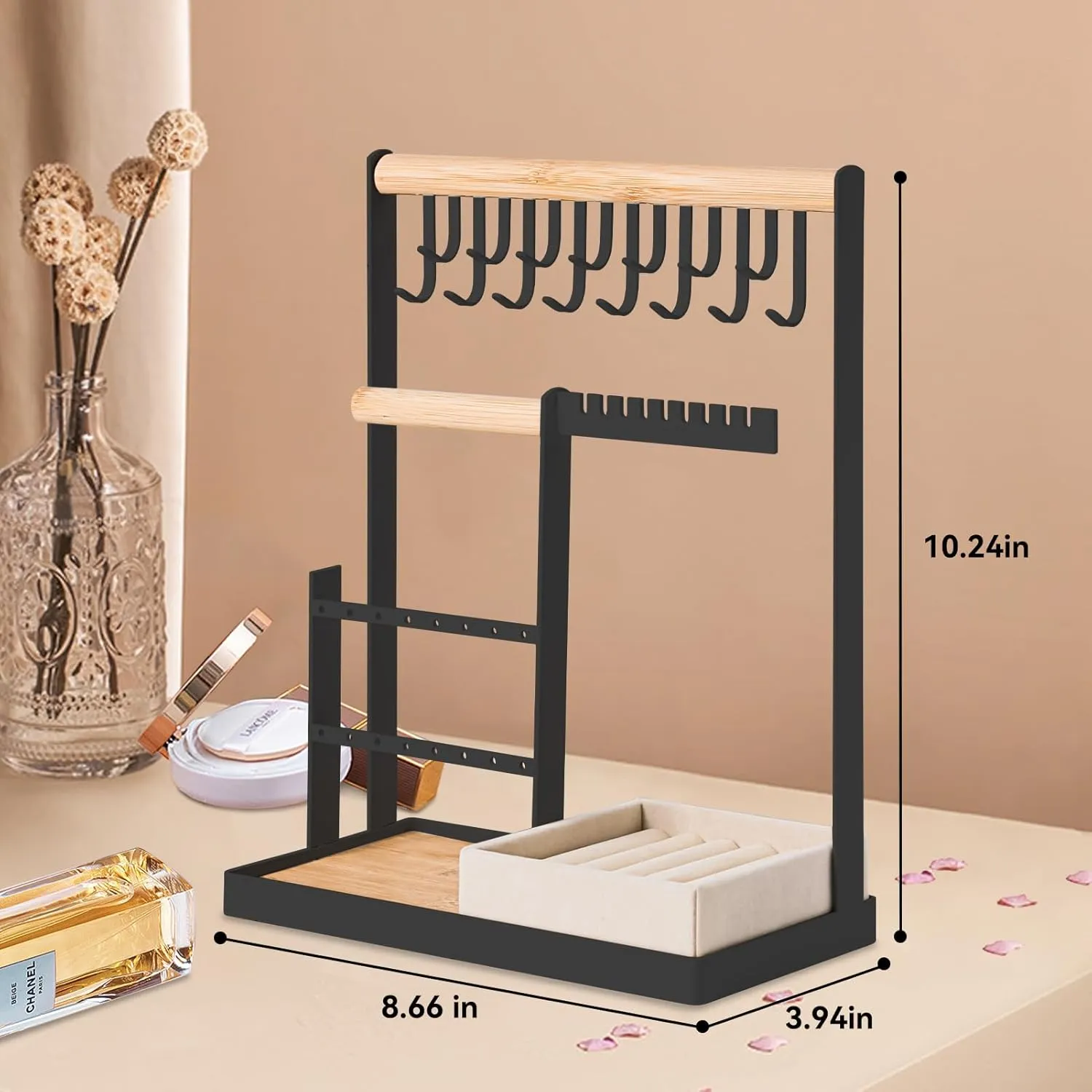 DreamGenius Jewelry Organizer Stand with Velvet Ring Holder, 4 Tier Jewelry Holder Organizer with 15 Hooks for Necklaces and 16 Holes for Earrings, Black