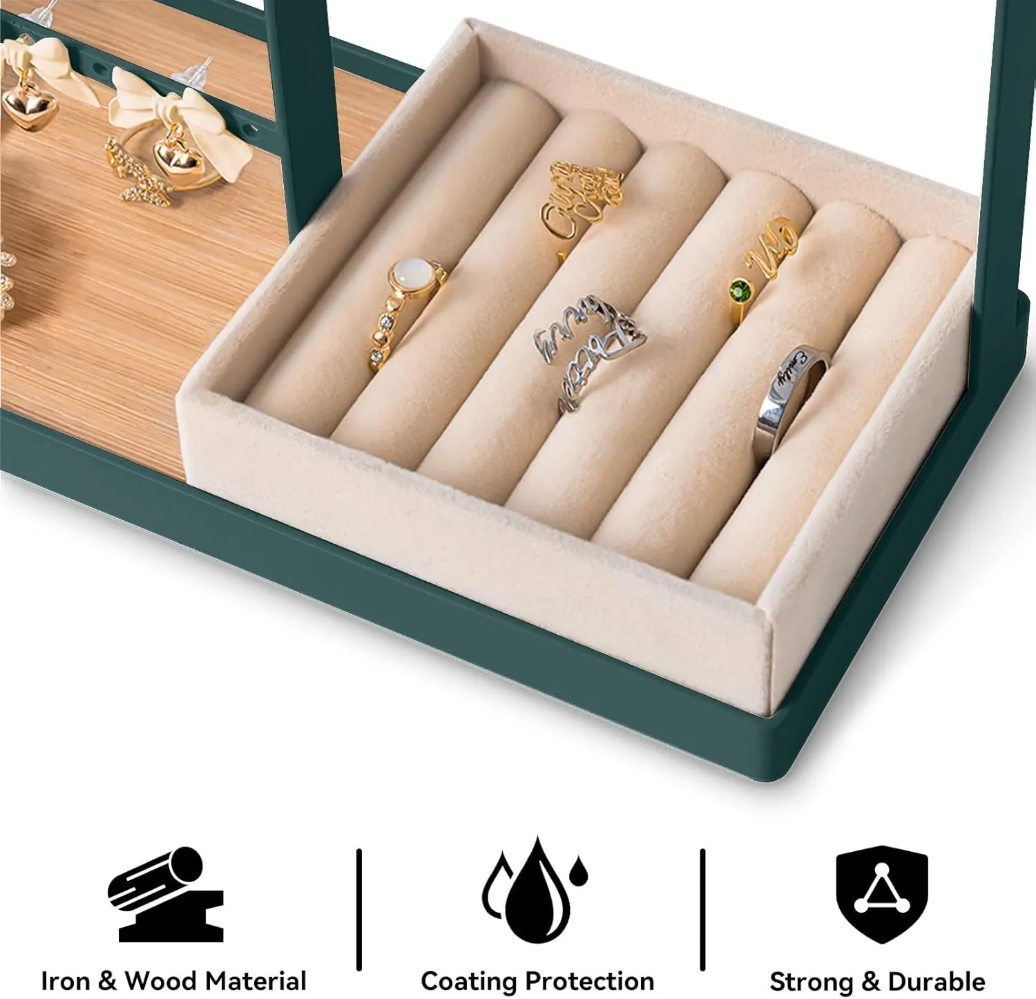 DreamGenius Jewelry Organizer Stand with Velvet Ring Holder, 4 Tier Jewelry Holder Organizer with 15 Hooks for Necklaces and 16 Holes for Earrings, Green