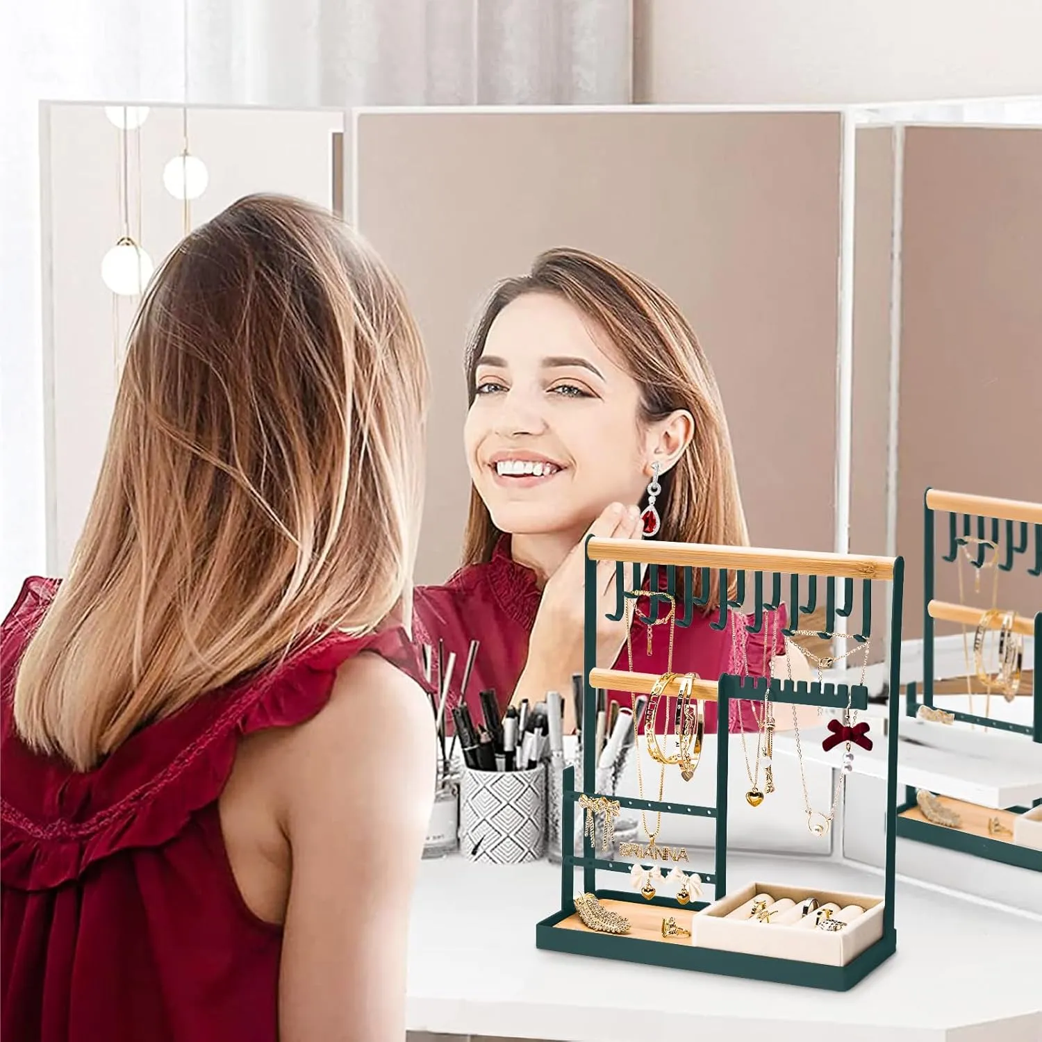DreamGenius Jewelry Organizer Stand with Velvet Ring Holder, 4 Tier Jewelry Holder Organizer with 15 Hooks for Necklaces and 16 Holes for Earrings, Green
