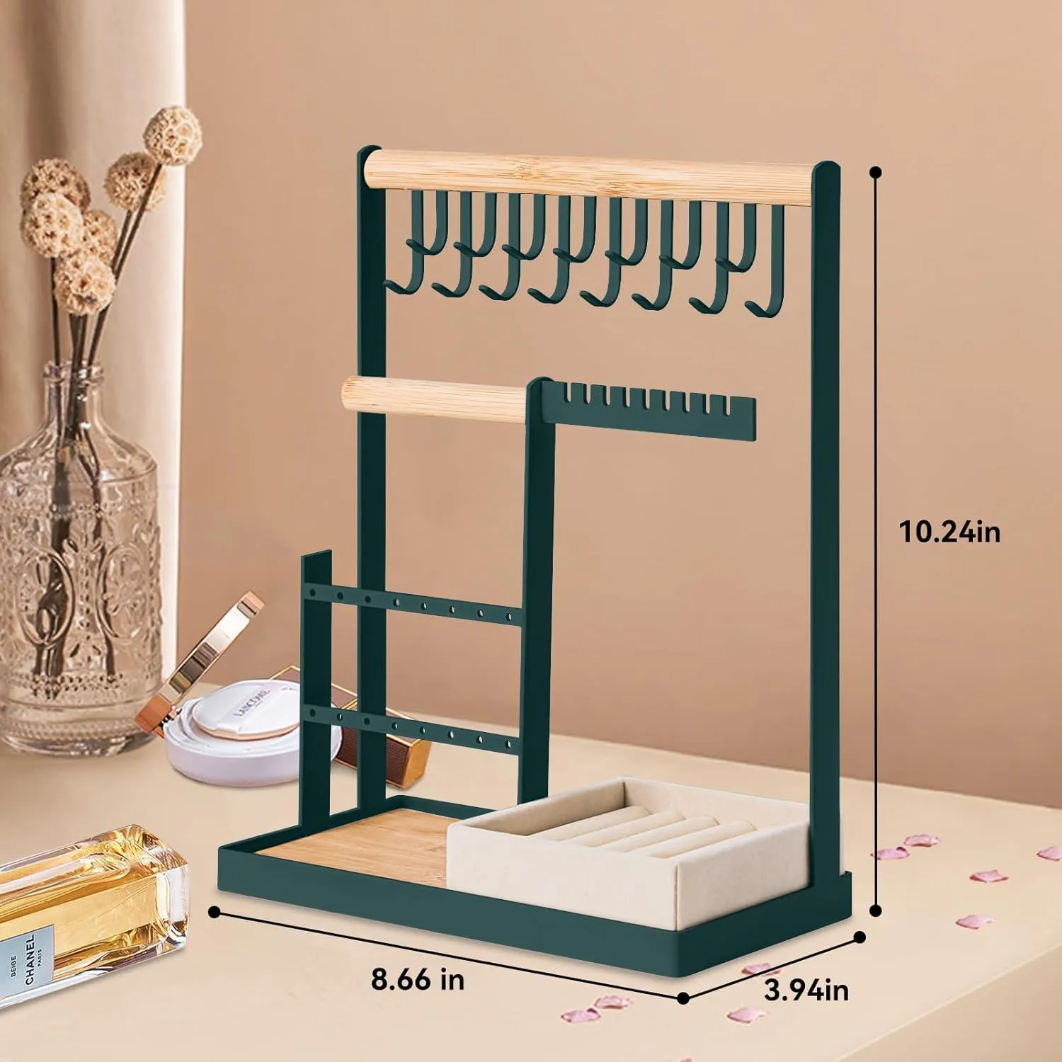 DreamGenius Jewelry Organizer Stand with Velvet Ring Holder, 4 Tier Jewelry Holder Organizer with 15 Hooks for Necklaces and 16 Holes for Earrings, Green