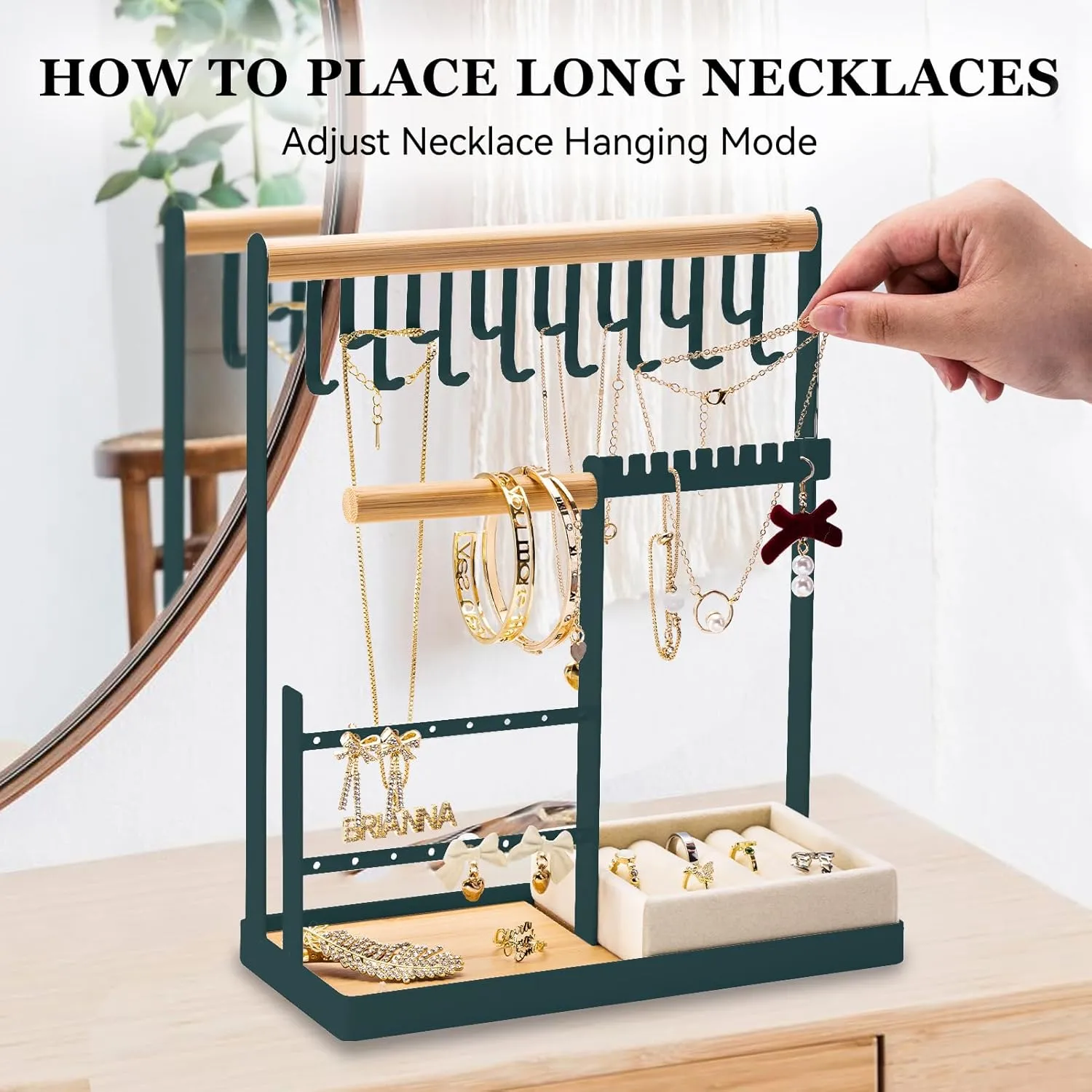 DreamGenius Jewelry Organizer Stand with Velvet Ring Holder, 4 Tier Jewelry Holder Organizer with 15 Hooks for Necklaces and 16 Holes for Earrings, Green