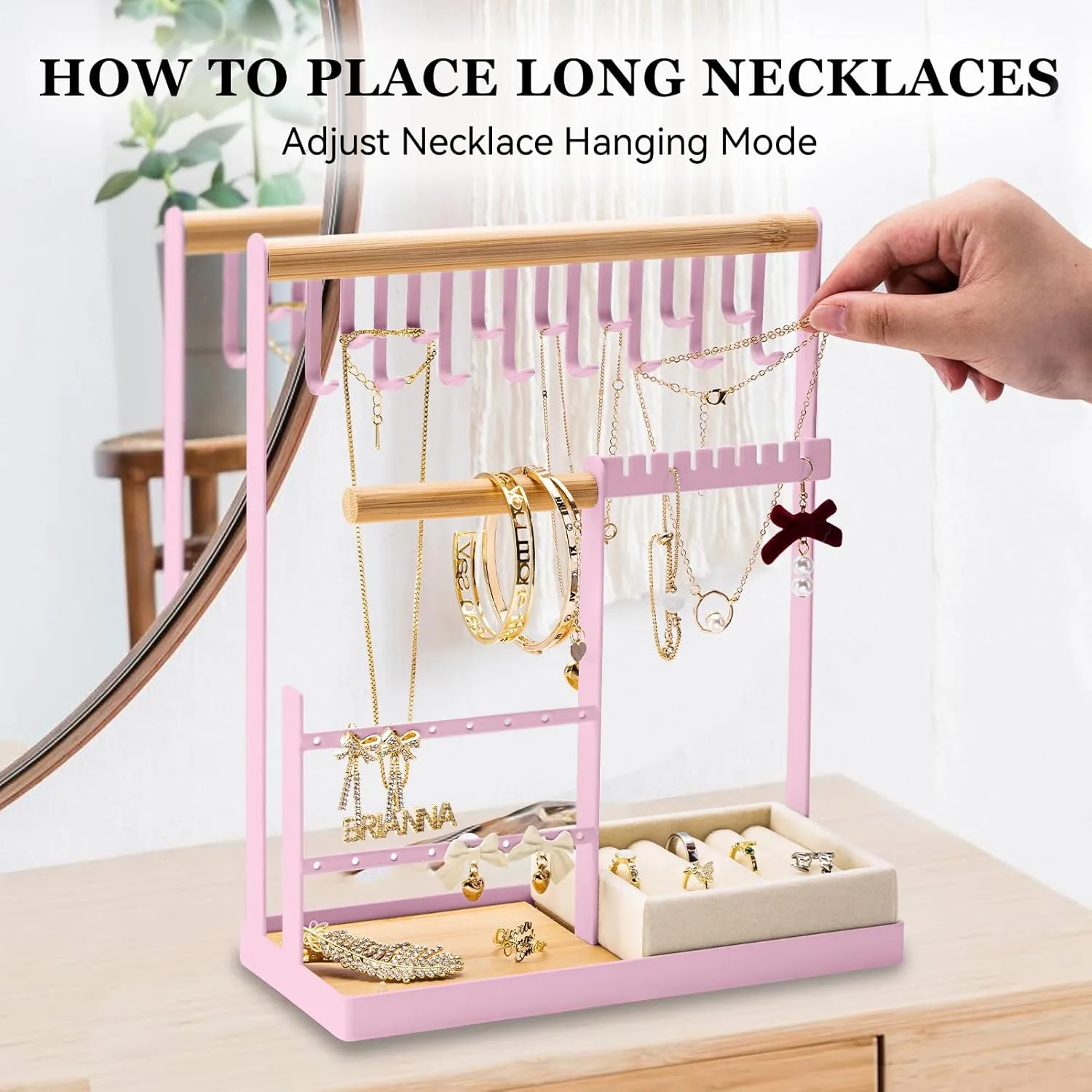 DreamGenius Jewelry Organizer Stand with Velvet Ring Holder, 4 Tier Jewelry Holder Organizer with 15 Hooks for Necklaces and 16 Holes for Earrings, Pink