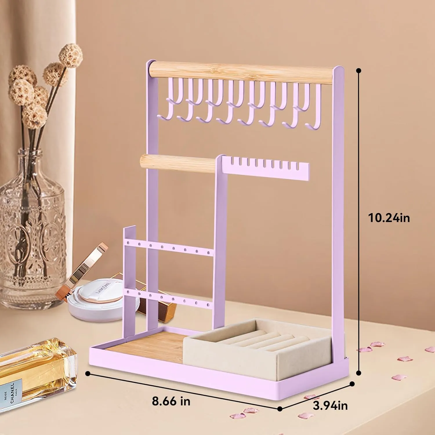 DreamGenius Jewelry Organizer Stand with Velvet Ring Holder, 4 Tier Jewelry Holder Organizer with 15 Hooks for Necklaces and 16 Holes for Earrings, Purple