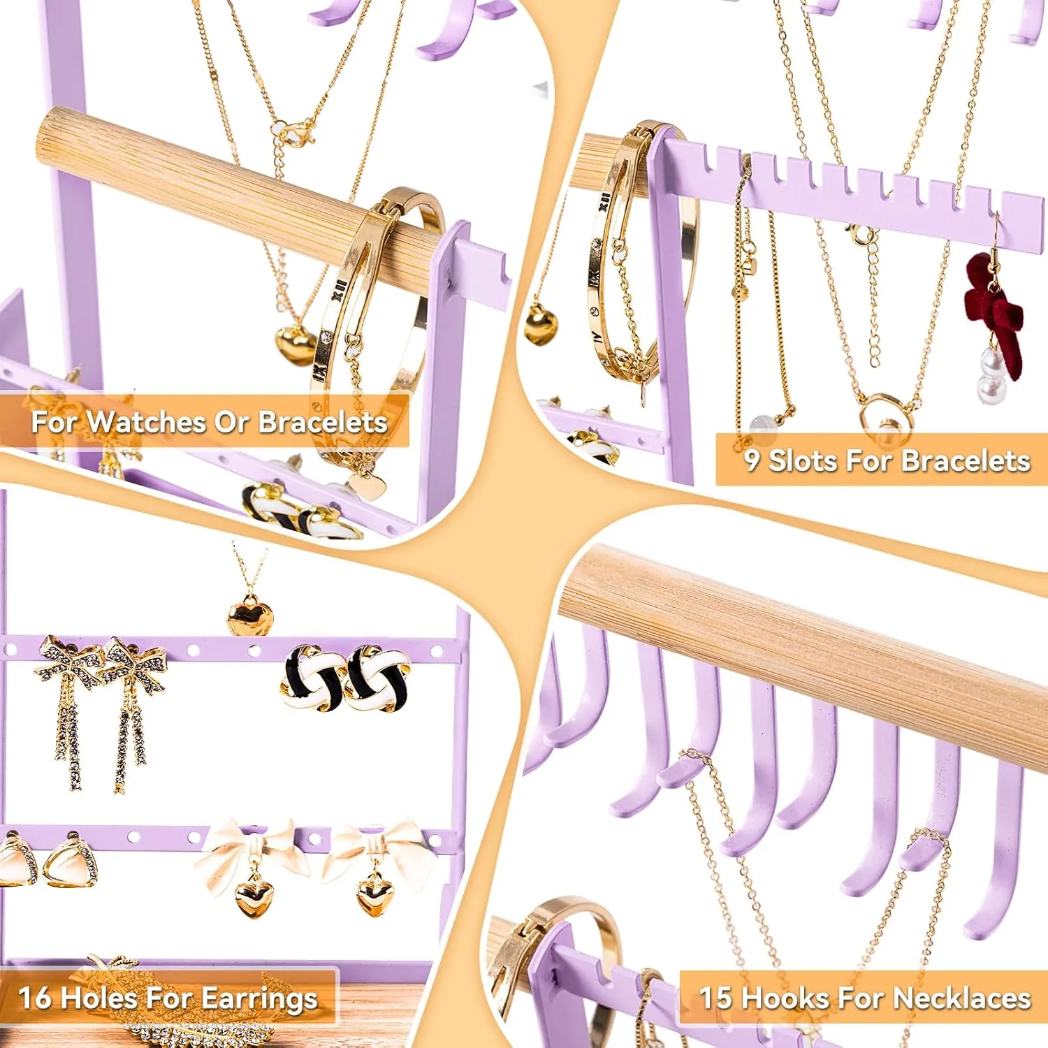 DreamGenius Jewelry Organizer Stand with Velvet Ring Holder, 4 Tier Jewelry Holder Organizer with 15 Hooks for Necklaces and 16 Holes for Earrings, Purple