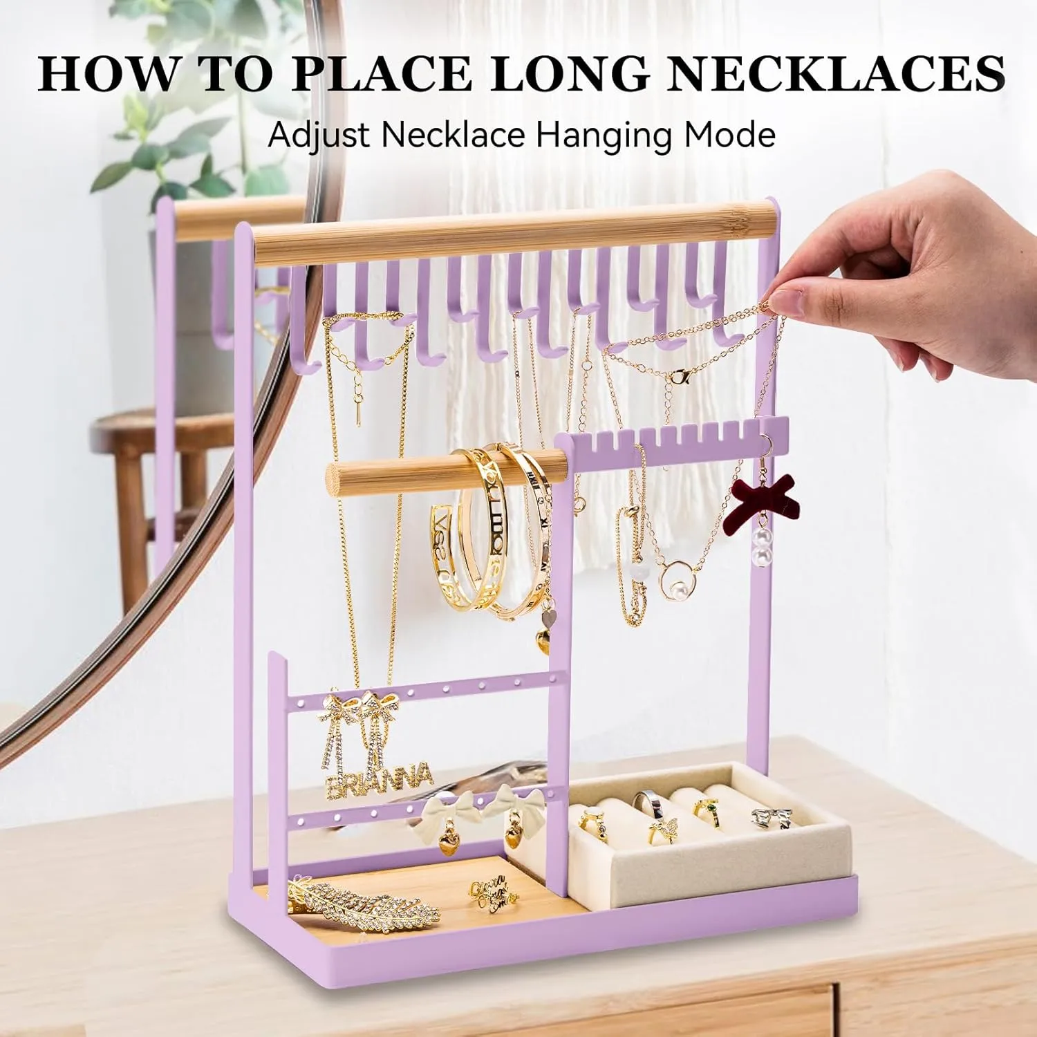 DreamGenius Jewelry Organizer Stand with Velvet Ring Holder, 4 Tier Jewelry Holder Organizer with 15 Hooks for Necklaces and 16 Holes for Earrings, Purple