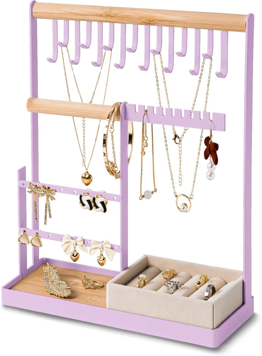 DreamGenius Jewelry Organizer Stand with Velvet Ring Holder, 4 Tier Jewelry Holder Organizer with 15 Hooks for Necklaces and 16 Holes for Earrings, Purple