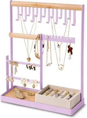 DreamGenius Jewelry Organizer Stand with Velvet Ring Holder, 4 Tier Jewelry Holder Organizer with 15 Hooks for Necklaces and 16 Holes for Earrings, Purple