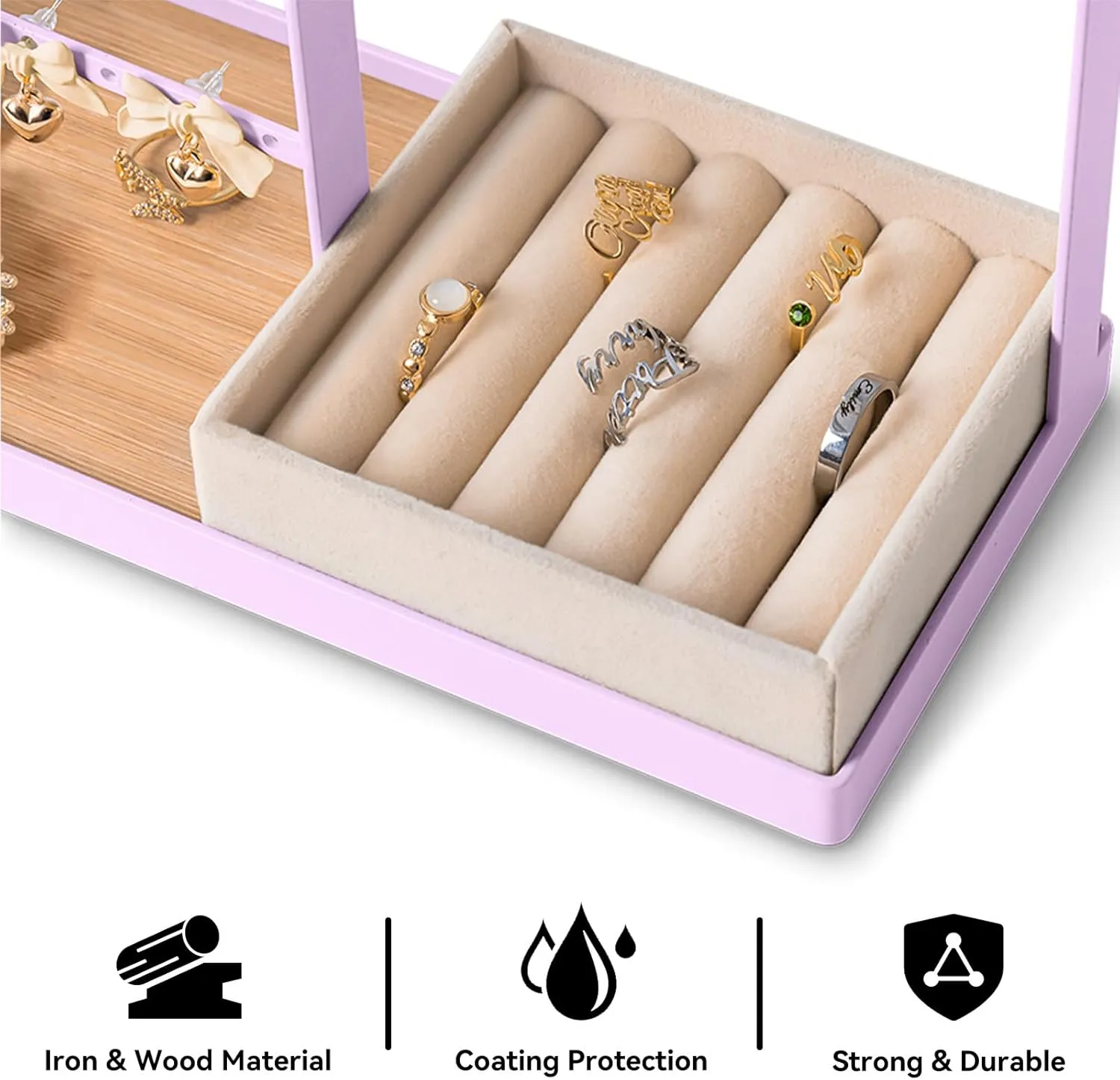 DreamGenius Jewelry Organizer Stand with Velvet Ring Holder, 4 Tier Jewelry Holder Organizer with 15 Hooks for Necklaces and 16 Holes for Earrings, Purple