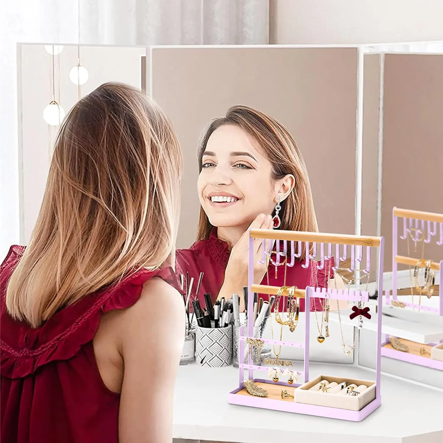 DreamGenius Jewelry Organizer Stand with Velvet Ring Holder, 4 Tier Jewelry Holder Organizer with 15 Hooks for Necklaces and 16 Holes for Earrings, Purple