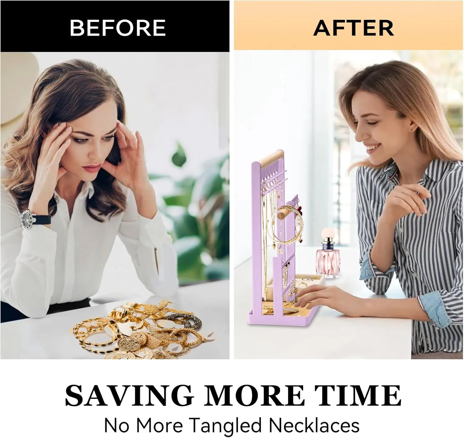 DreamGenius Jewelry Organizer Stand with Velvet Ring Holder, 4 Tier Jewelry Holder Organizer with 15 Hooks for Necklaces and 16 Holes for Earrings, Purple