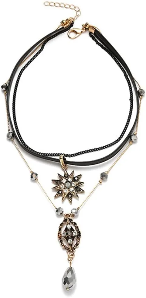 Dtja Layered Star Celestial Choker Y Necklaces Set for Women Cubic Zirconia Crystal Dangling Tassel Chains Adjustable Black Leather Collar Pendant Necklace Retro Jewelry Gift