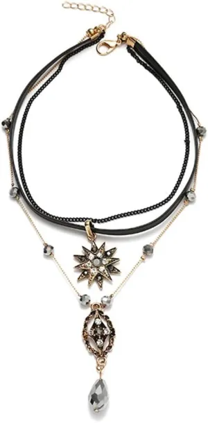 Dtja Layered Star Celestial Choker Y Necklaces Set for Women Cubic Zirconia Crystal Dangling Tassel Chains Adjustable Black Leather Collar Pendant Necklace Retro Jewelry Gift